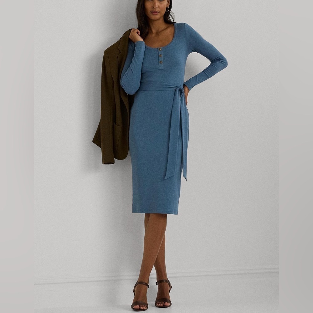 Lauren Ralph Lauren Belted Rib-Knit Henley Dress – Blue Dusk – NWT